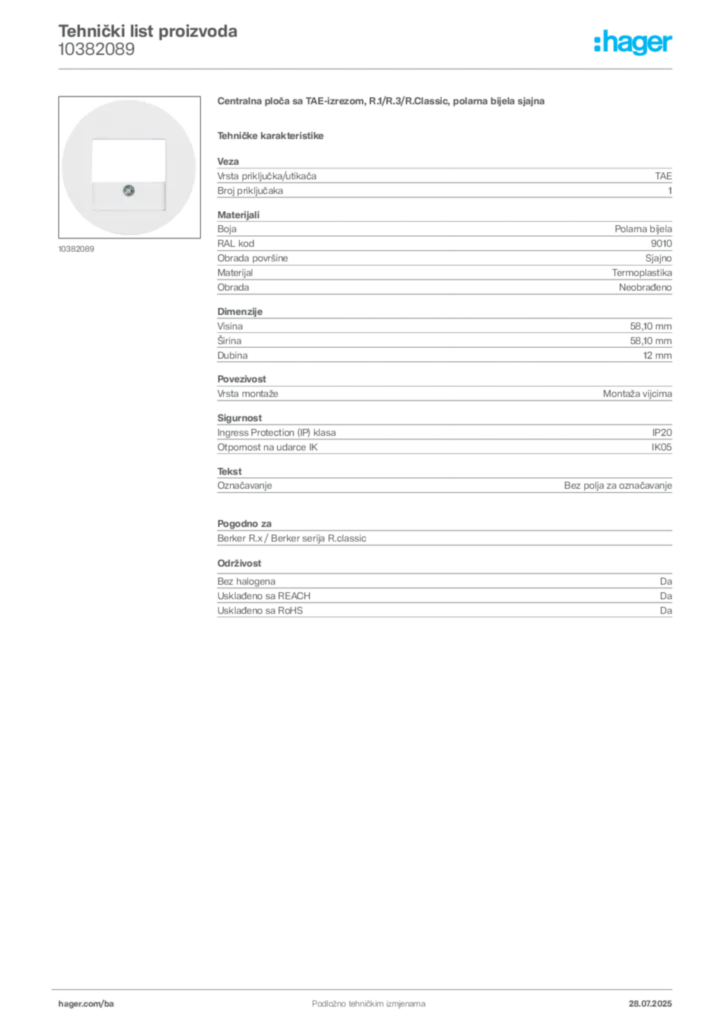 Slika Hager Product data sheet 10382089  | Hager