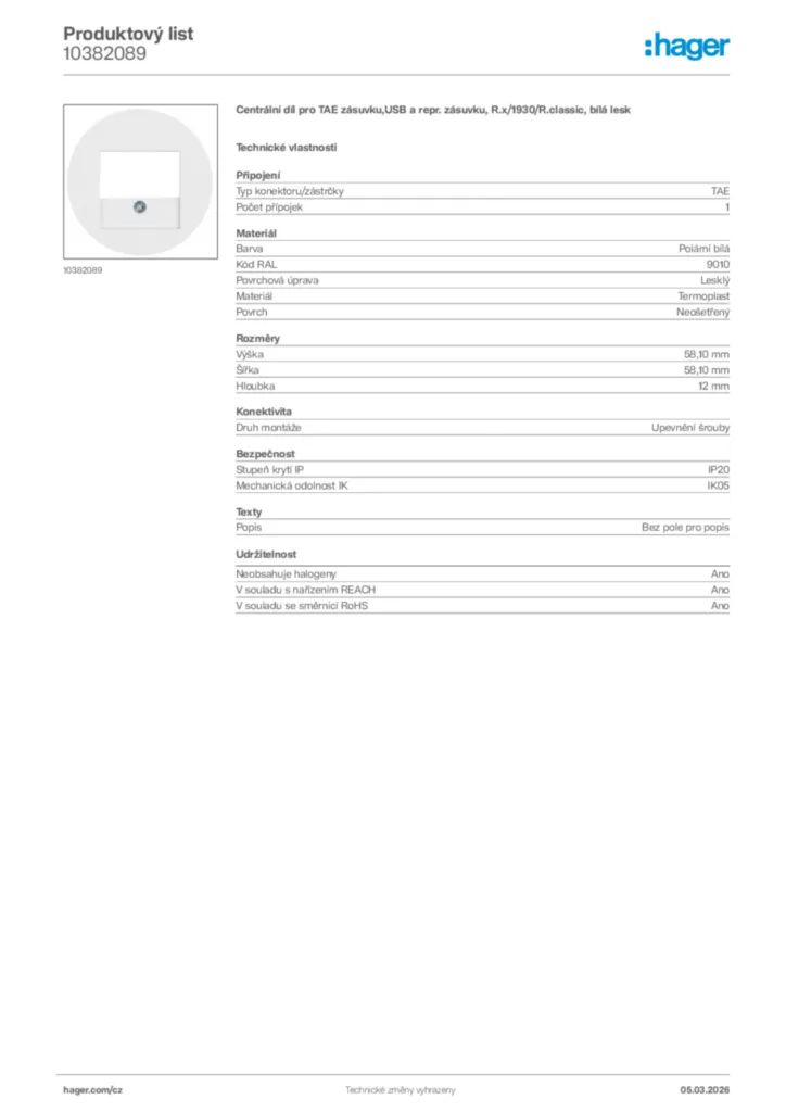 Obrázek Hager Product data sheet 10382089 | Hager
