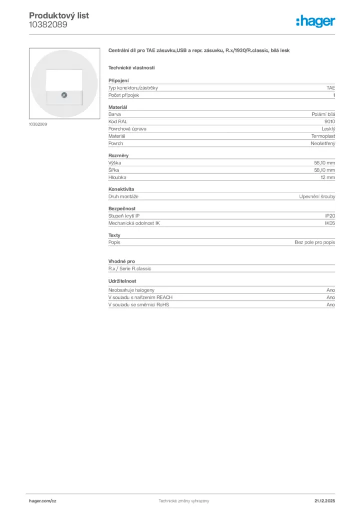 Obrázek Hager Produktový list 10382089 | Hager