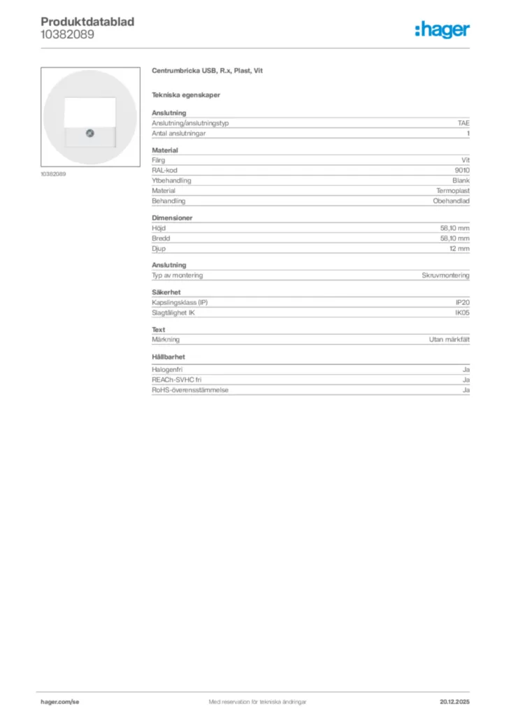 Bild Hager Produktdatablad 10382089 | Hager Sverige