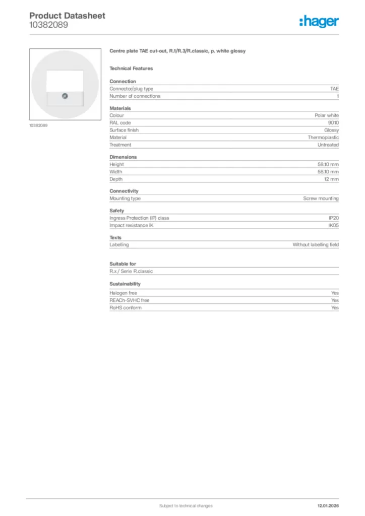 Image Hager Product data sheet 10382089  | Hager
