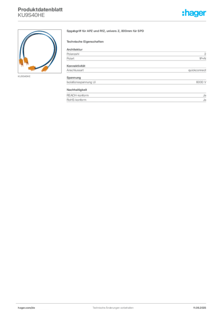 Bild Hager Produktdatenblatt KU9S40HE | Hager Deutschland