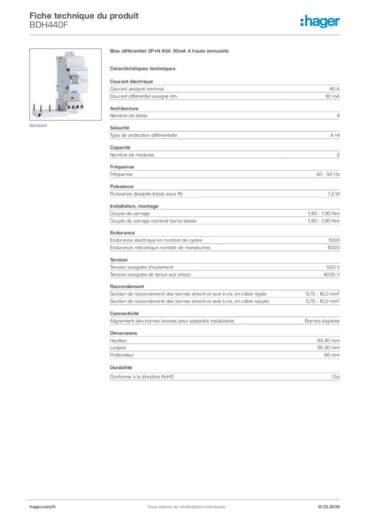 Image Hager Fiche technique du produit BDH440F | Hager France