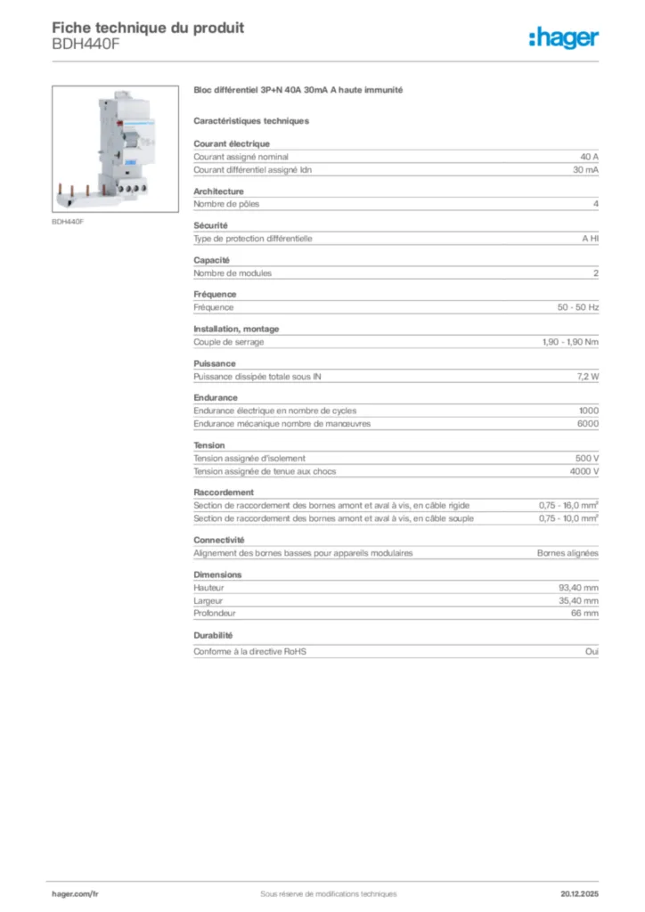 Image Hager Fiche technique du produit BDH440F | Hager France