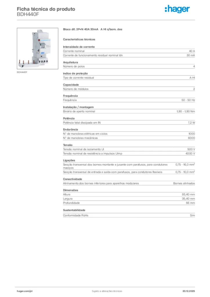 Imagem Hager Ficha técnica do produto BDH440F | Hager Portugal