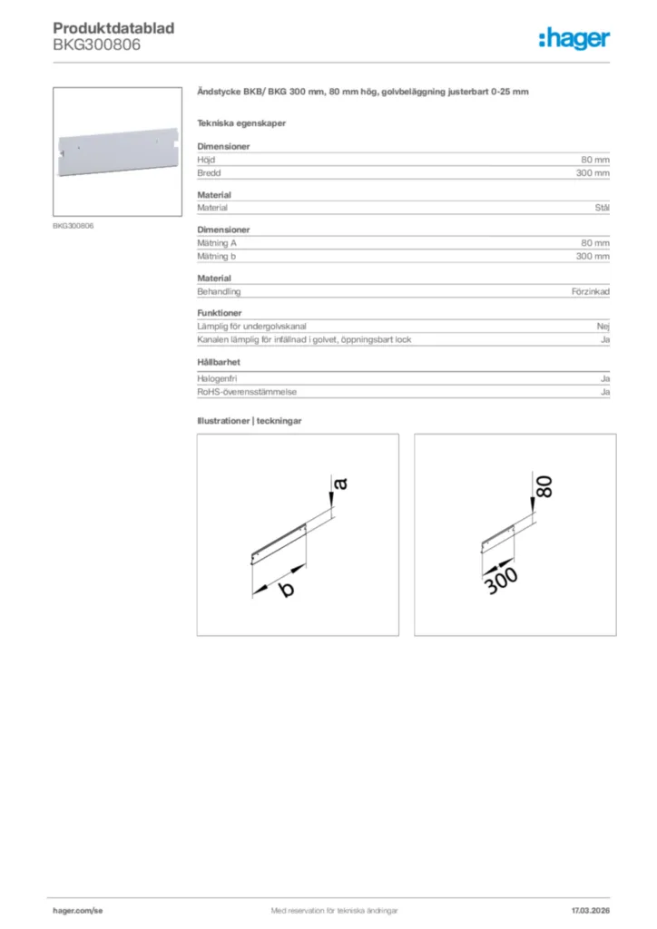 Bild Hager Produktdatablad BKG300806 | Hager Sverige