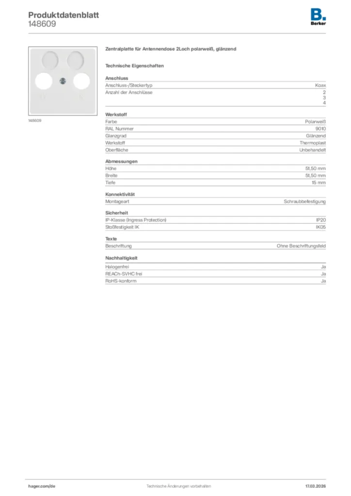 Bild Berker Produktdatenblatt 148609 | Hager Deutschland