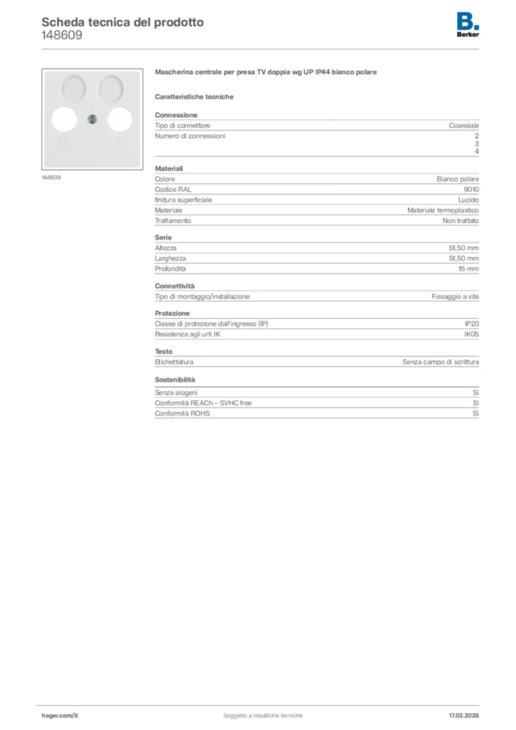 Immagine Berker Scheda tecnica del prodotto 148609 | Hager Italia