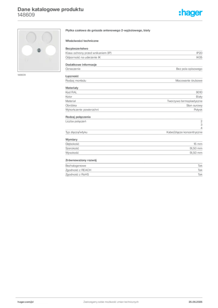 Zdjęcie Hager Dane katalogowe produktu 148609 | Hager Polska