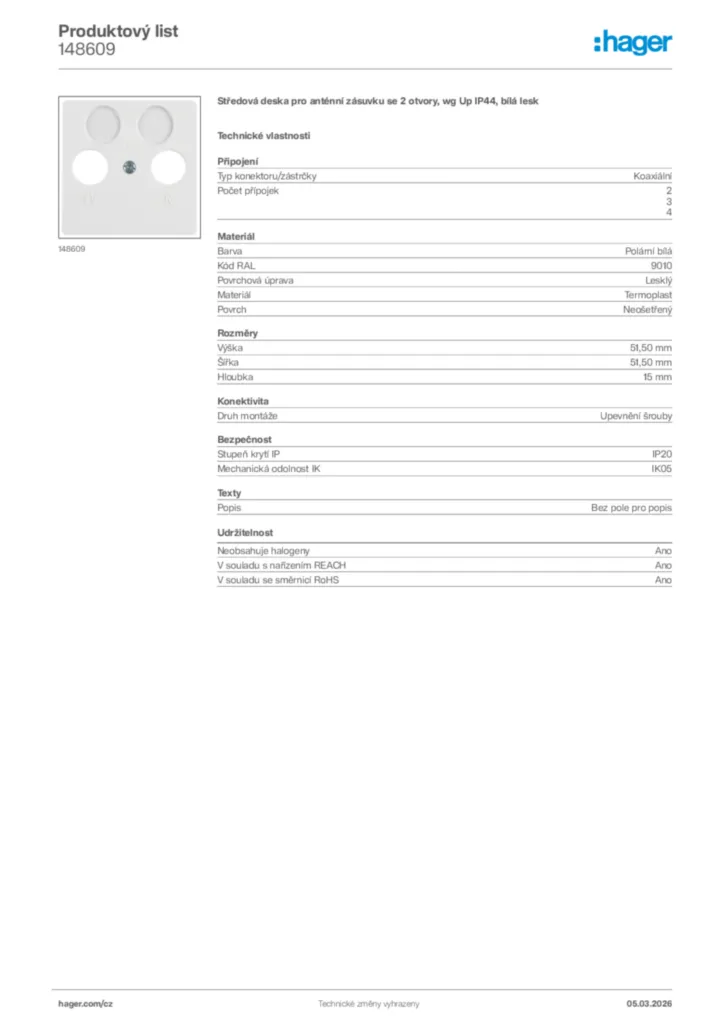 Obrázek Hager Product data sheet 148609 | Hager