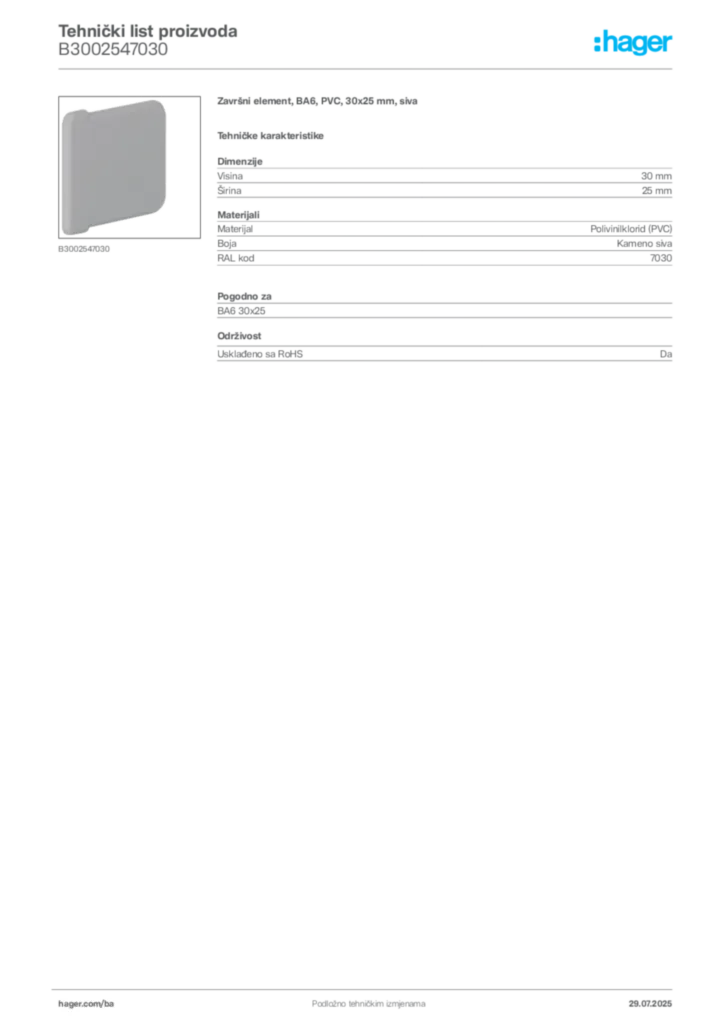 Slika Hager Product data sheet B3002547030  | Hager