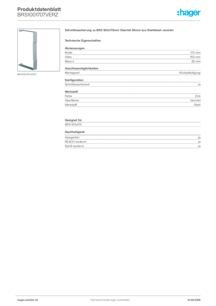 Bild Hager Produktdatenblatt BRS1001707VERZ | Hager Schweiz