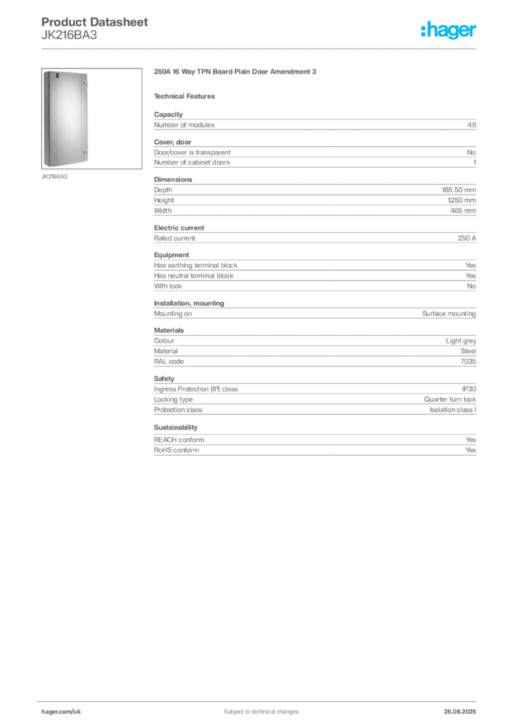Image Hager Product data sheet JK216BA3  | Hager