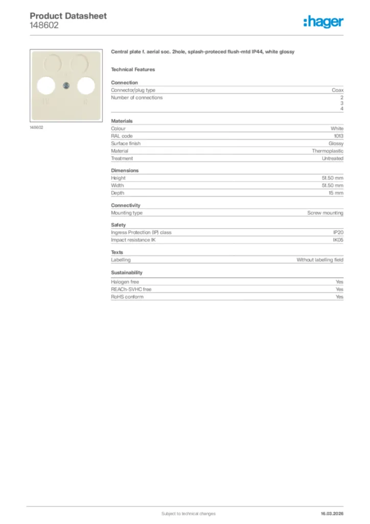 Image Hager Product data sheet 148602  | Hager Africa