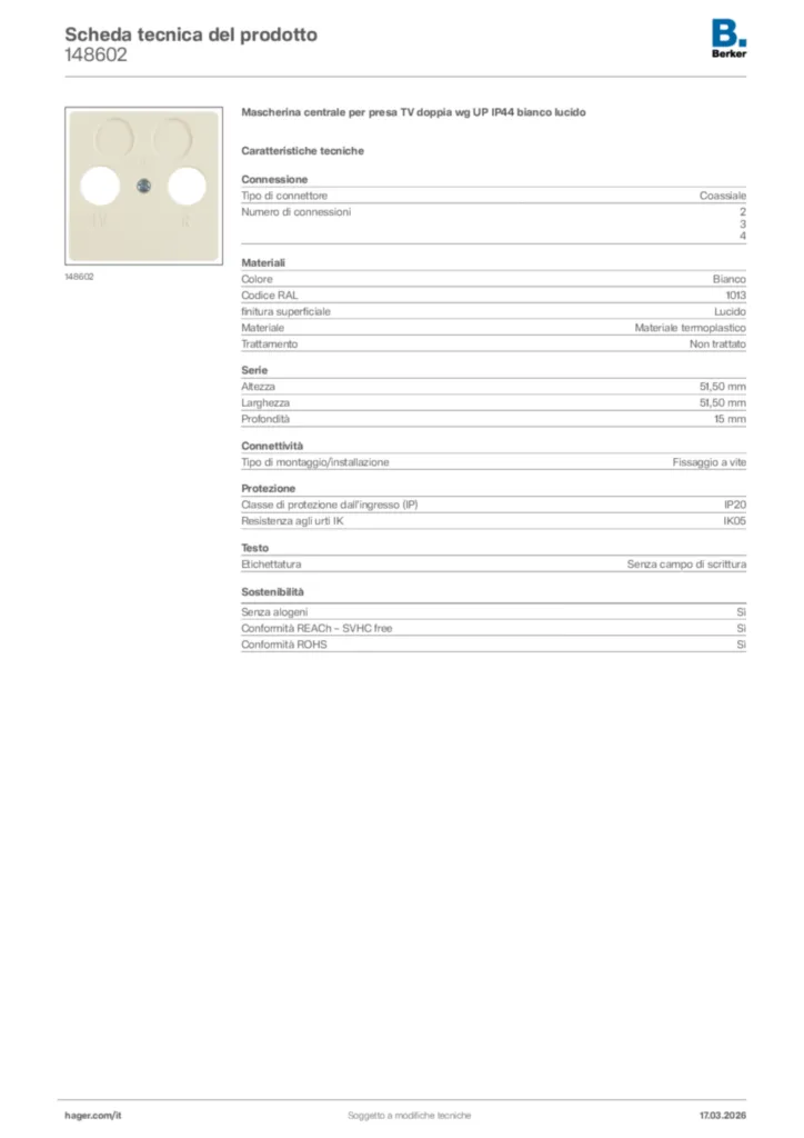Immagine Berker Scheda tecnica del prodotto 148602 | Hager Italia