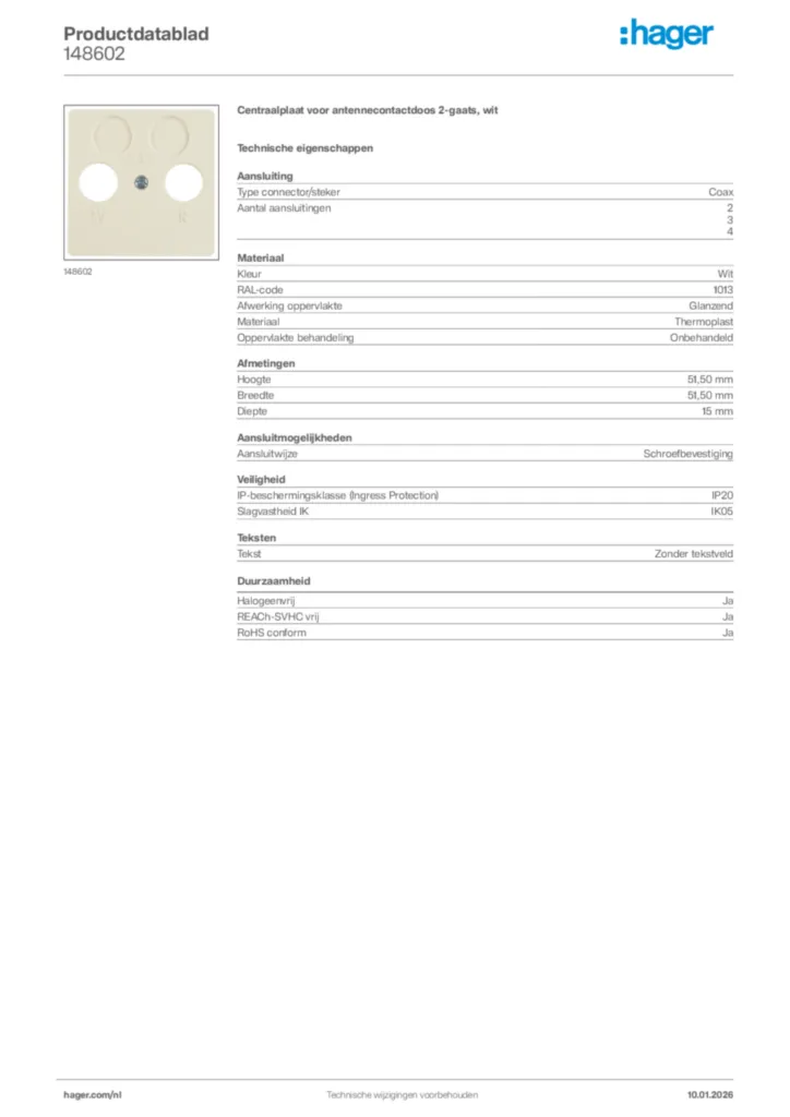 Afbeelding Hager Productdatablad 148602 | Hager Nederland