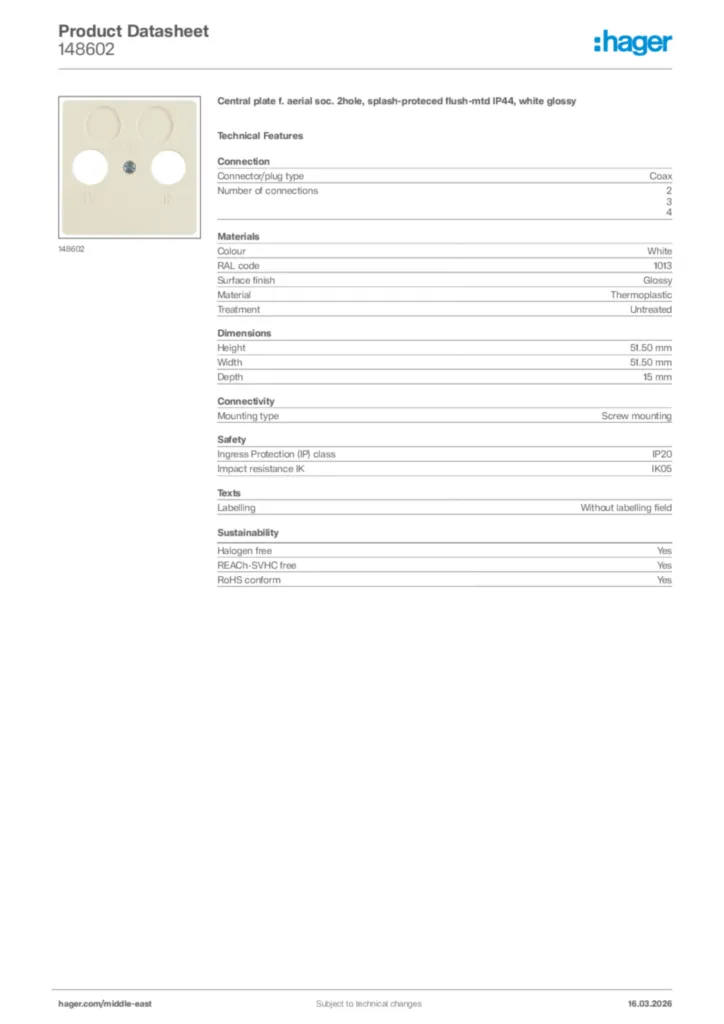 Image Hager Product data sheet 148602  | Hager
