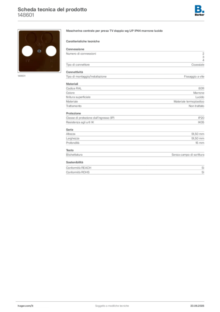 Immagine Berker Scheda tecnica del prodotto 148601 | Hager Italia