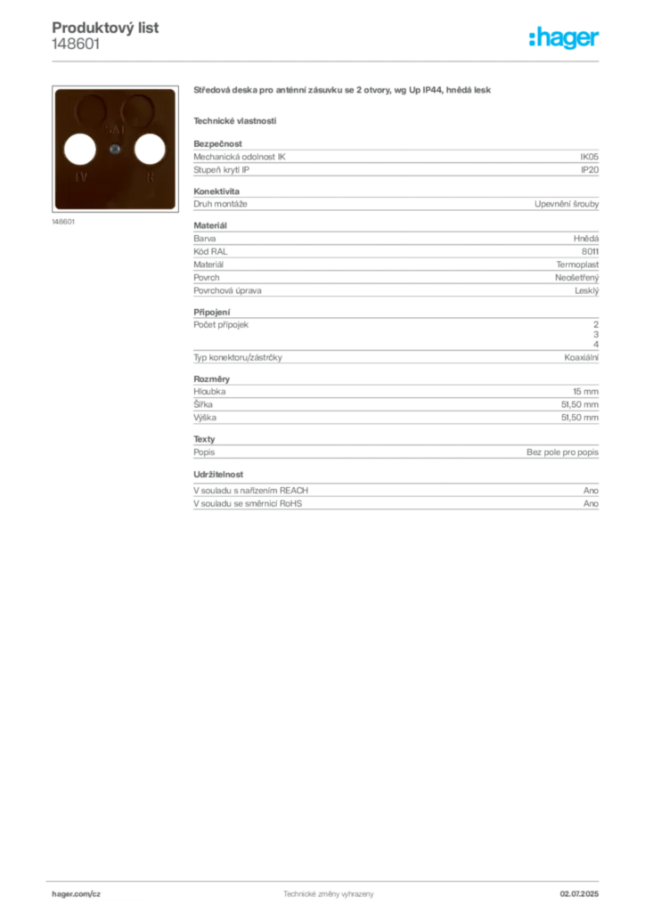 Obrázek Hager Produktový list 148601 | Hager