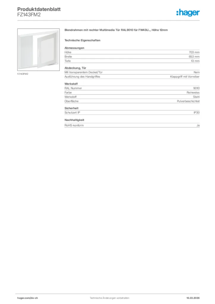Bild Hager Produktdatenblatt FZ143FM2 | Hager Schweiz