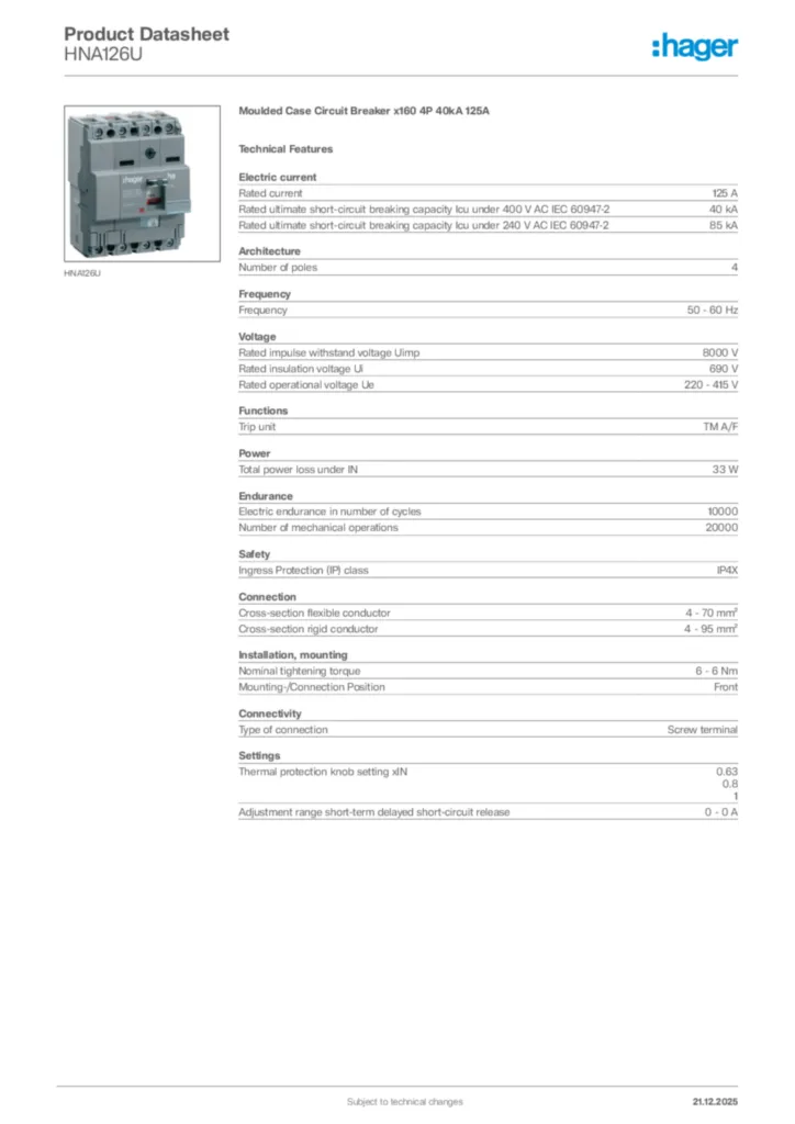 Image Hager Product data sheet HNA126U  | Hager