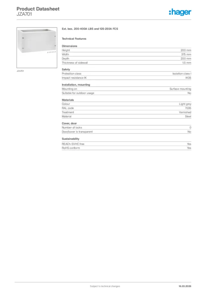 Image Hager Product data sheet JZA701  | Hager Africa