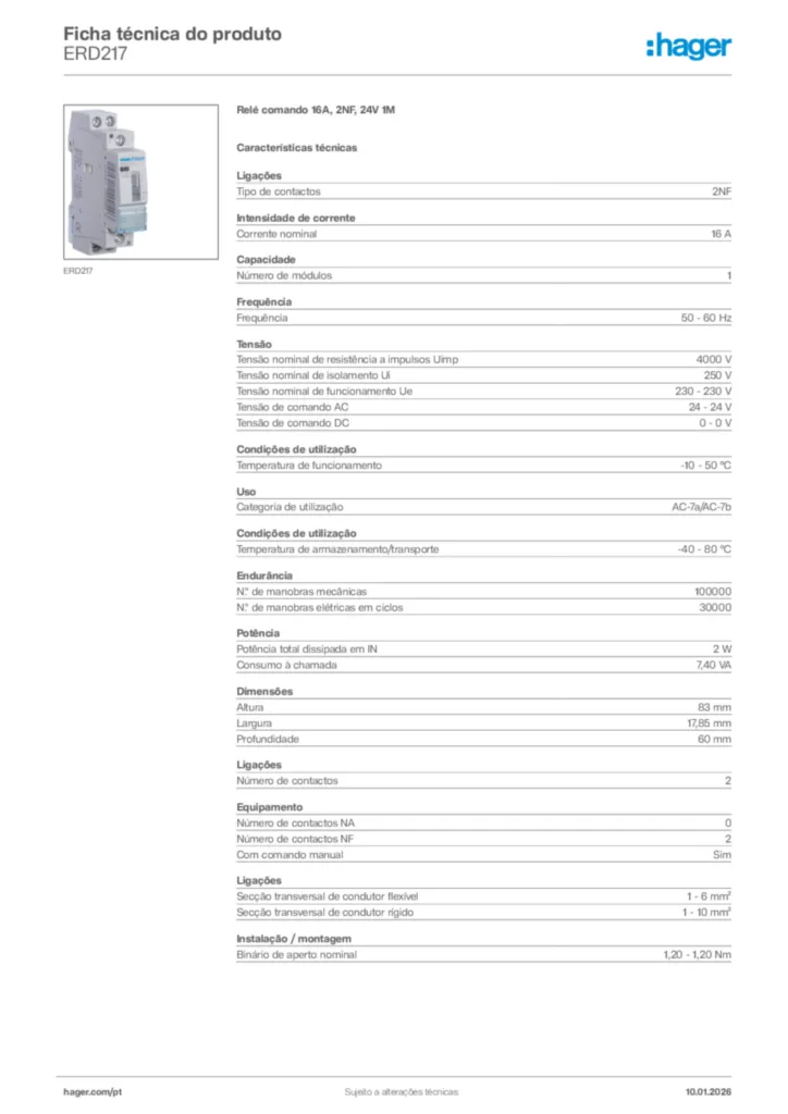 Imagem Hager Ficha técnica do produto ERD217 | Hager Portugal