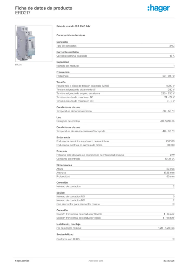 Imagen Hager Ficha de datos de producto ERD217 | Hager España