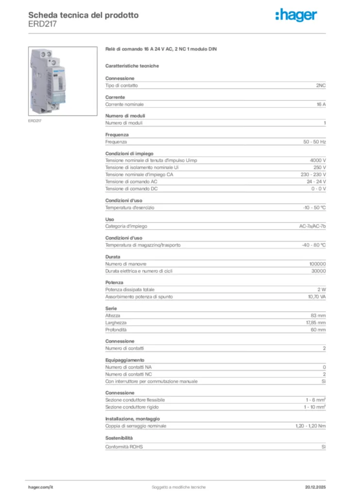 Immagine Hager Scheda tecnica del prodotto ERD217 | Hager Italia