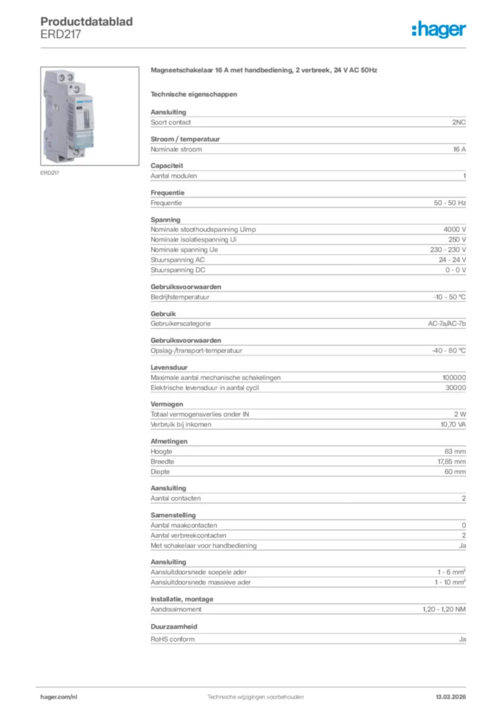 Afbeelding Hager Productdatablad ERD217 | Hager Nederland