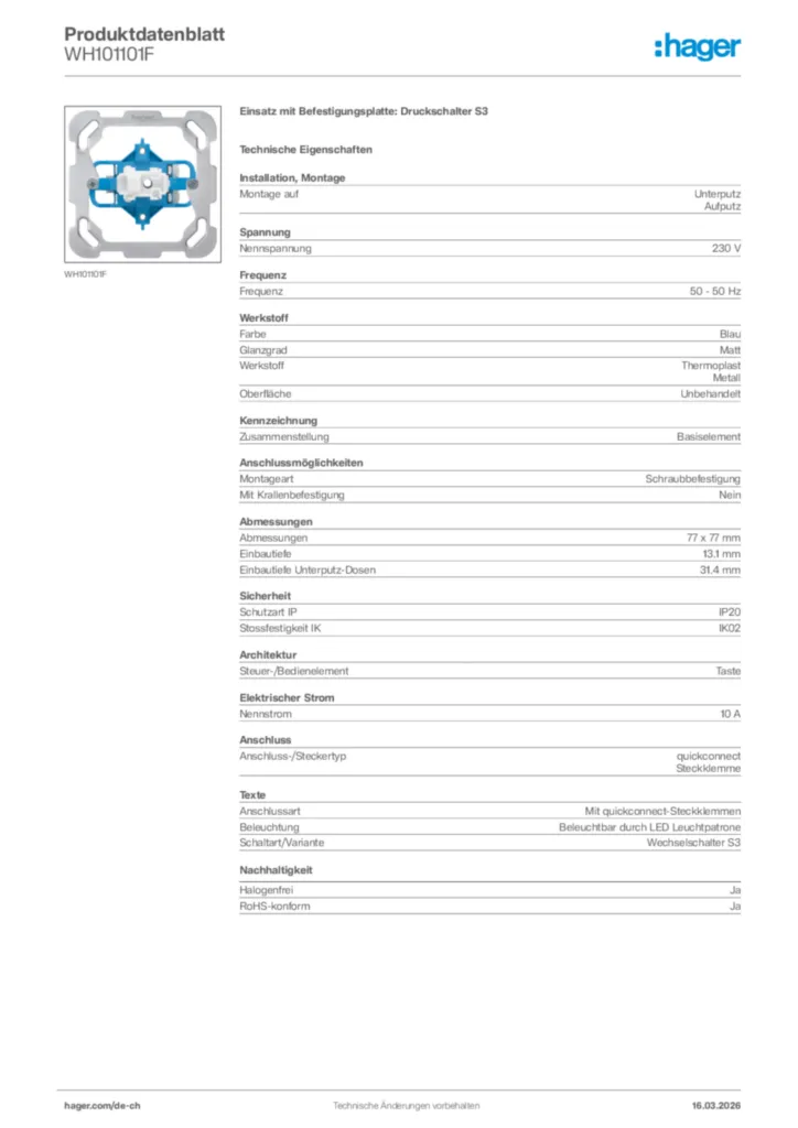 Bild Hager Produktdatenblatt WH101101F | Hager Schweiz