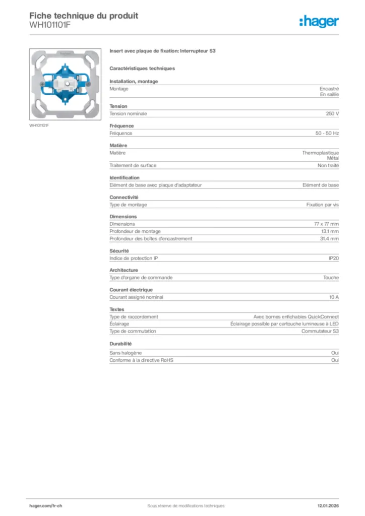 Image Hager Fiche technique du produit WH101101F | Hager Suisse