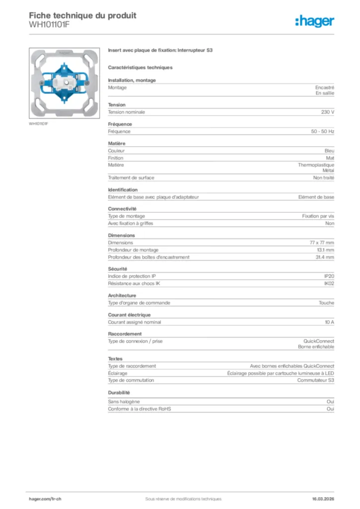 Image Hager Fiche technique du produit WH101101F | Hager Suisse