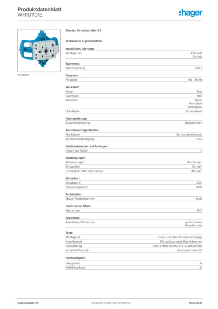 Bild Hager Produktdatenblatt WH101101E | Hager Schweiz