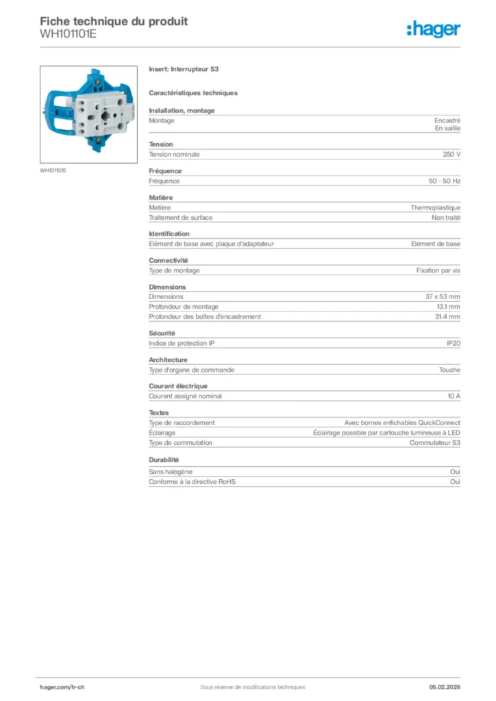 Image Hager Fiche technique du produit WH101101E | Hager Suisse
