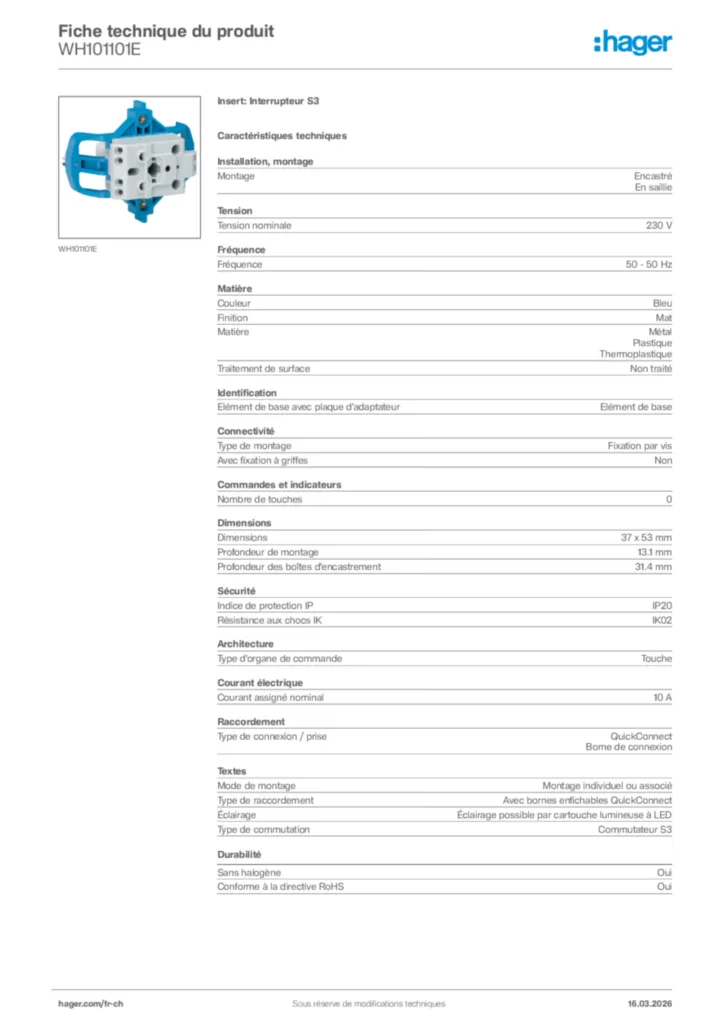Image Hager Fiche technique du produit WH101101E | Hager Suisse
