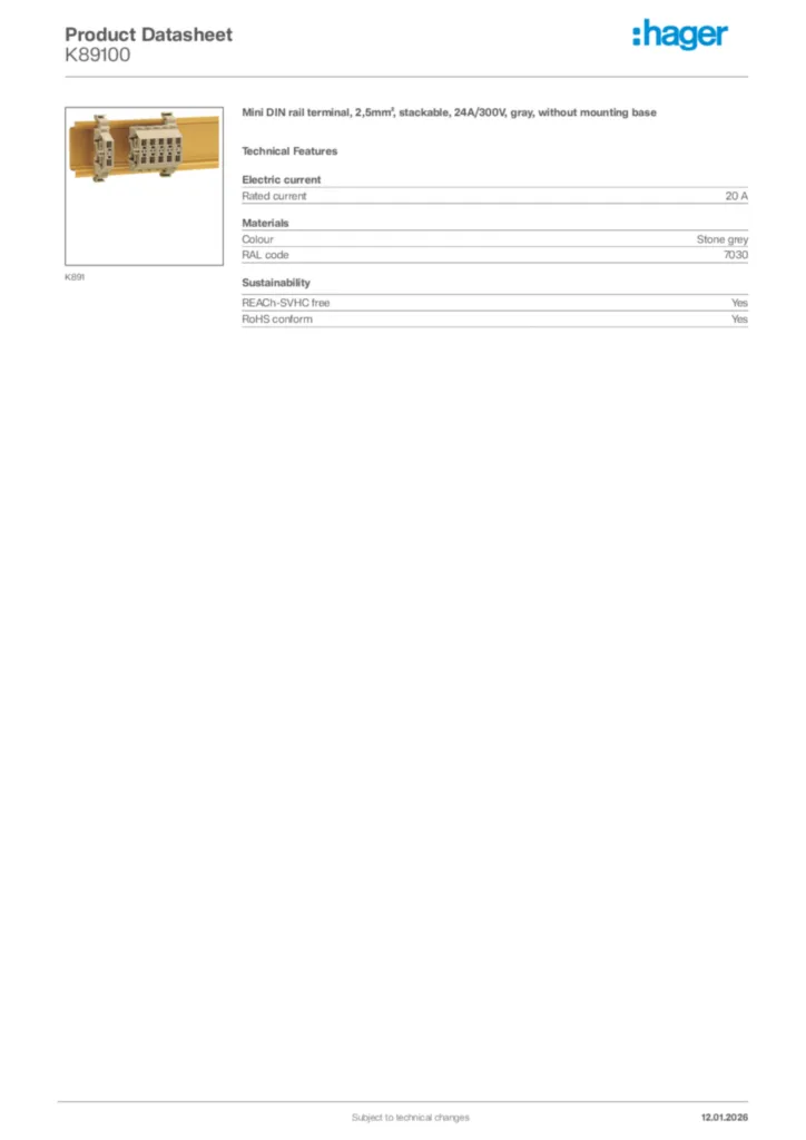 Image Hager Product data sheet K89100  | Hager Africa