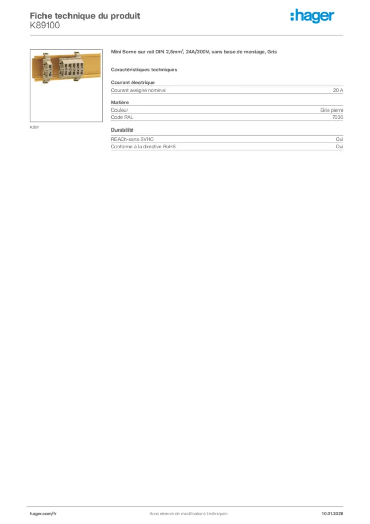 Image Hager Fiche technique du produit K89100 | Hager France