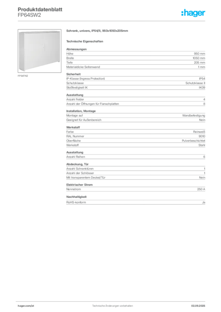 Bild Hager Produktdatenblatt FP64SW2 | Hager Deutschland