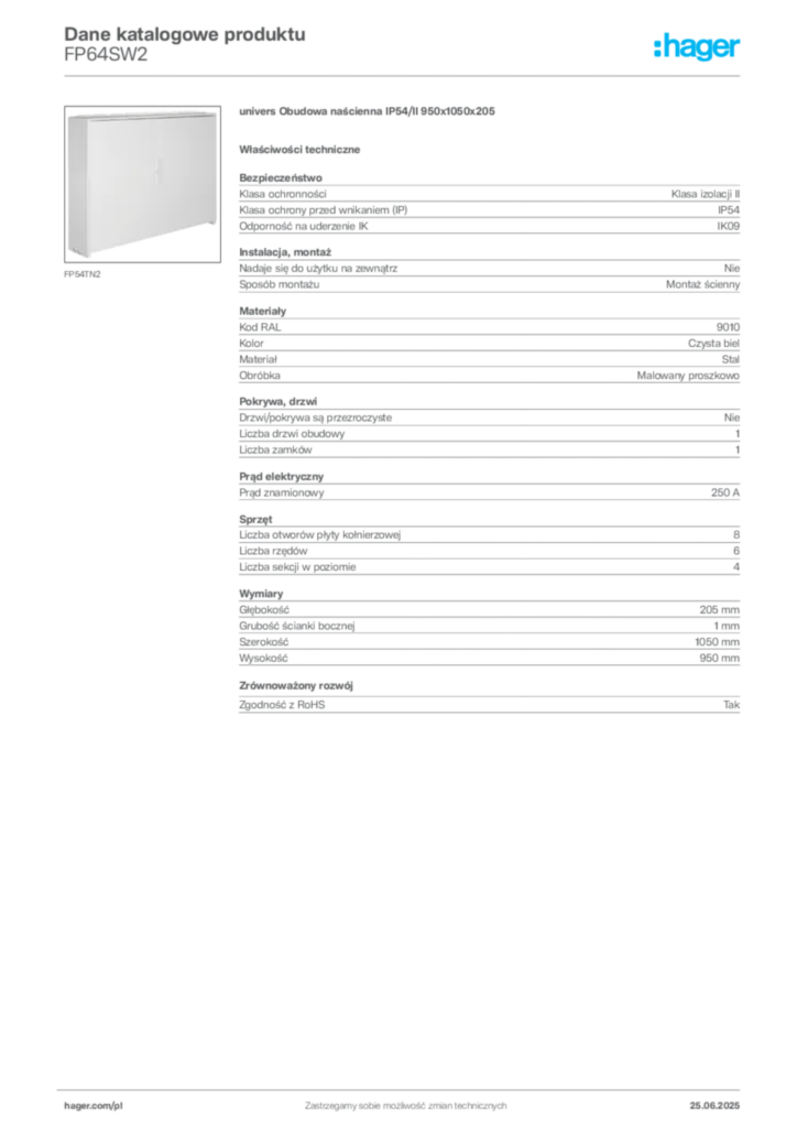 Zdjęcie Hager Dane katalogowe produktu FP64SW2 | Hager Polska