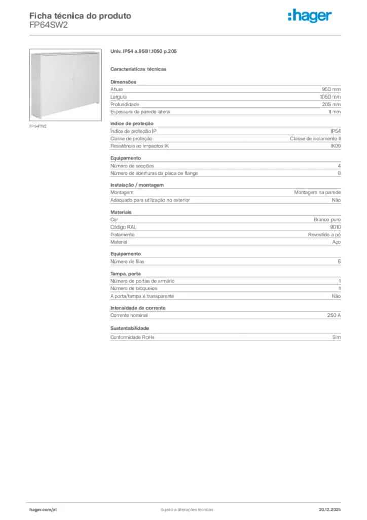 Imagem Hager Ficha técnica do produto FP64SW2 | Hager Portugal