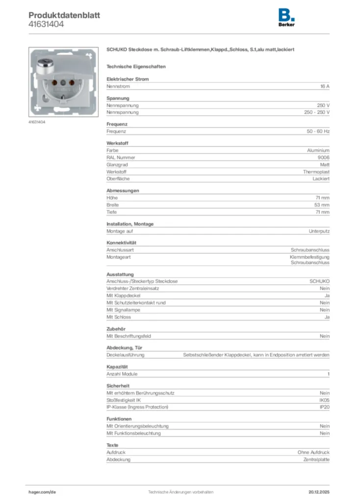 Bild Berker Produktdatenblatt 41631404 | Hager Deutschland