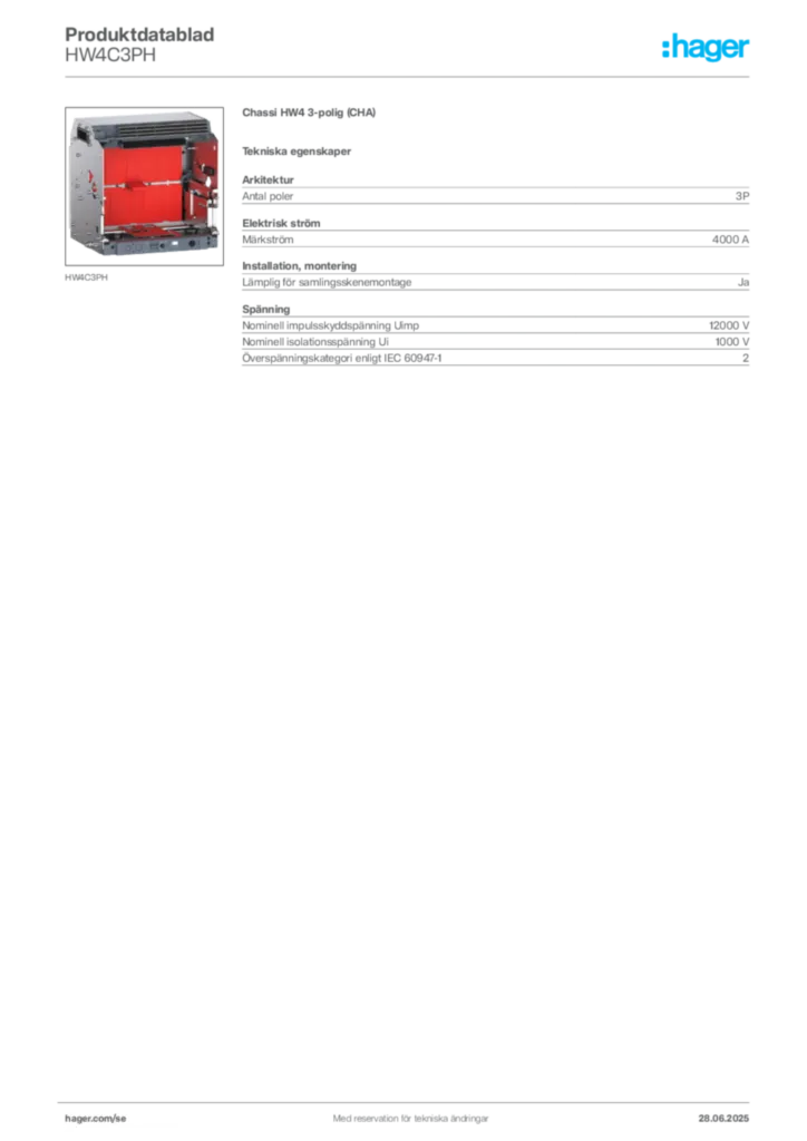 Bild Hager Produktdatablad HW4C3PH | Hager Sverige