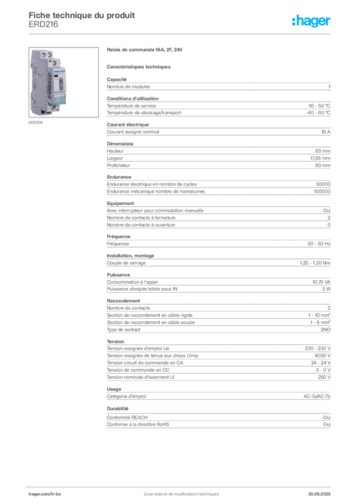 Image Hager Fiche technique du produit ERD216 | Hager Belgique