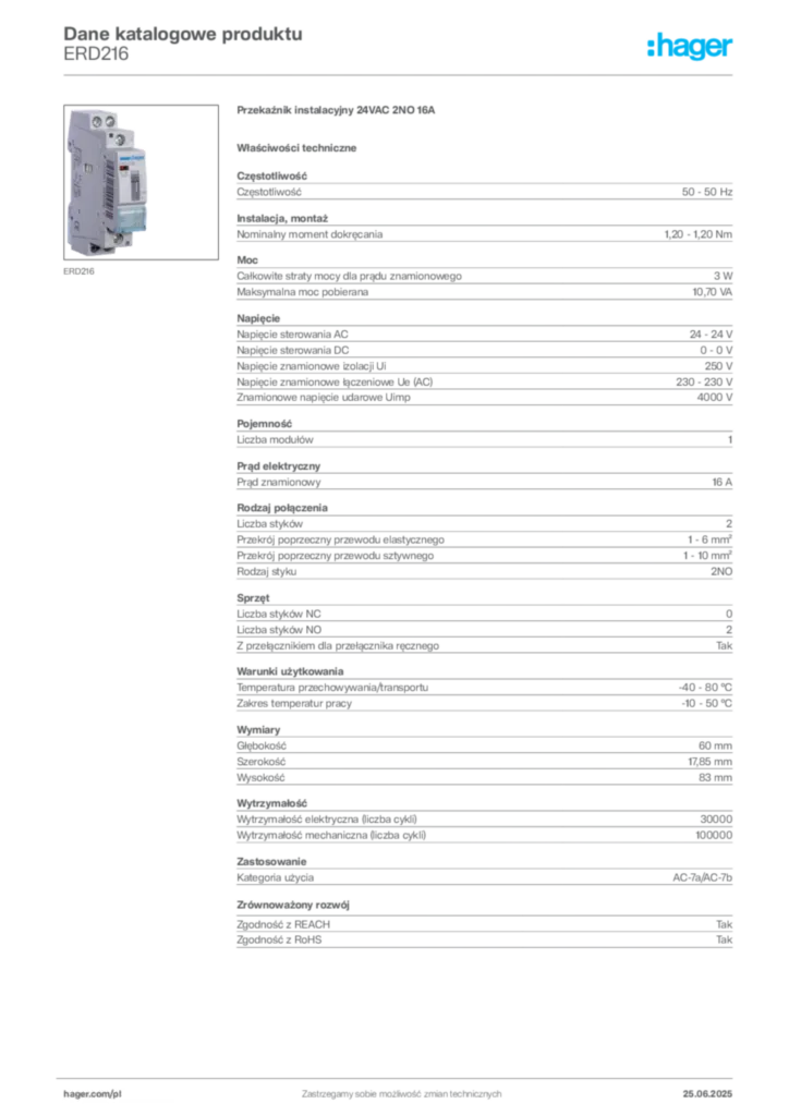 Zdjęcie Hager Dane katalogowe produktu ERD216 | Hager Polska
