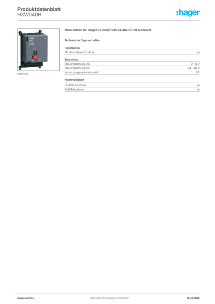 Hager Produktdatenblatt HXW040H