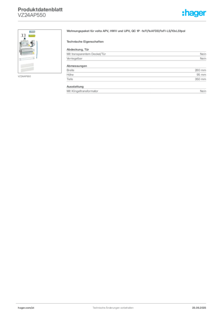 Bild Hager Produktdatenblatt VZ24AP550 | Hager Deutschland