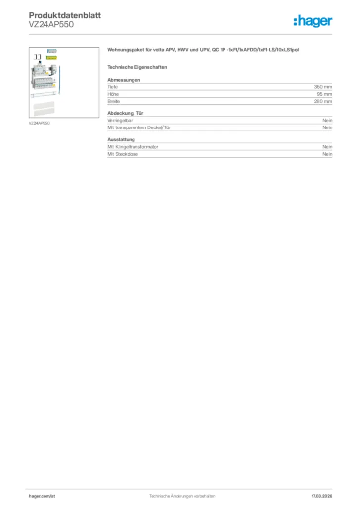 Bild Hager Produktdatenblatt VZ24AP550 | Hager Deutschland