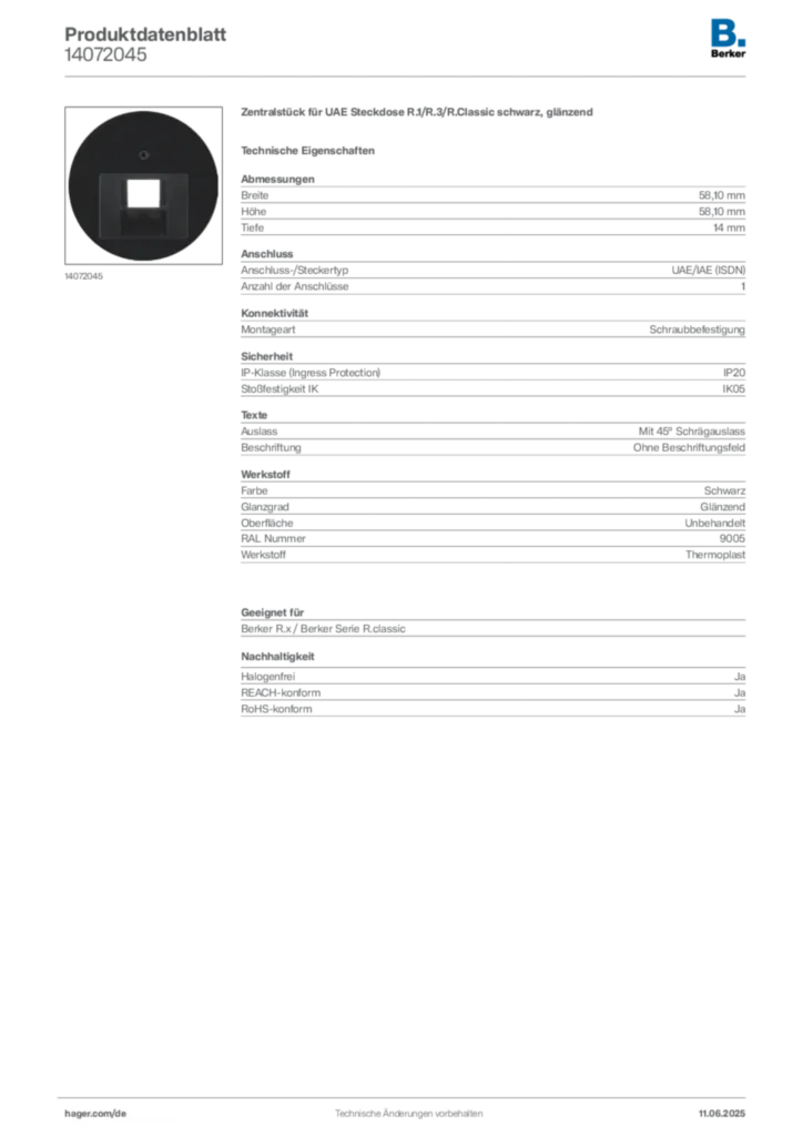 Bild Berker Produktdatenblatt 14072045 | Hager Deutschland