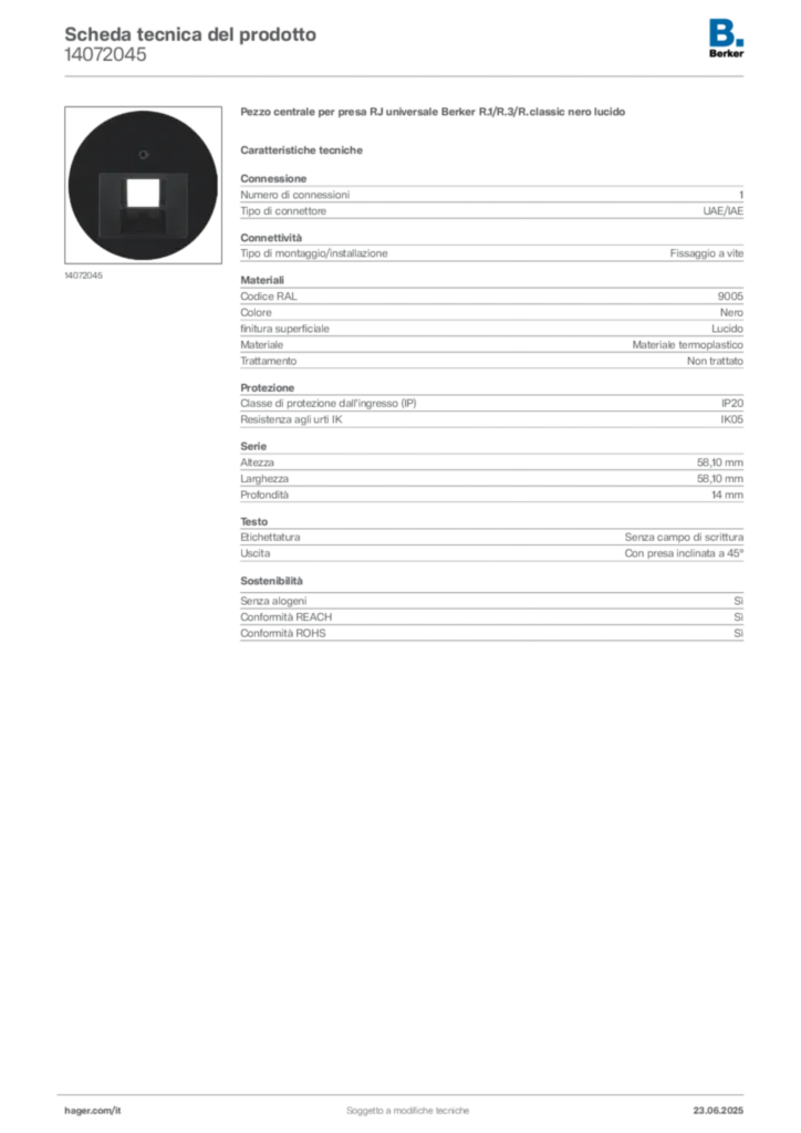 Immagine Berker Scheda tecnica del prodotto 14072045 | Hager Italia